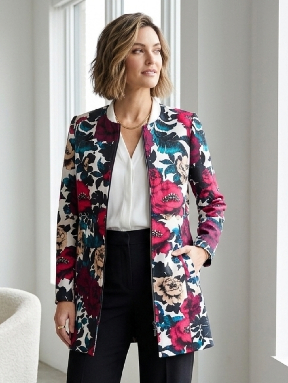 NWOT Adrianna Papell 8 Abstract Dark Floral Trench Coat Modern Contemporary Fall